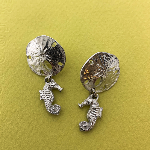 Sand Dollar with Seahorse Earrings, Post